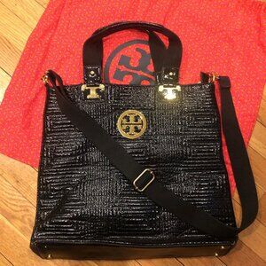 TORY BURCH Rare Black Quilted Patent Leather Convertible Large Shoulder Bag